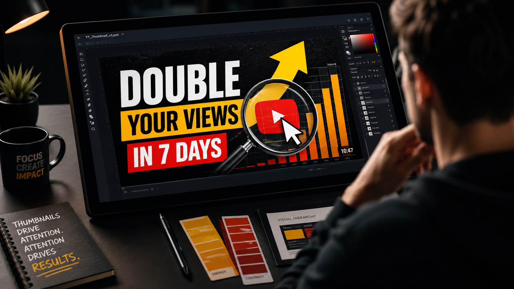 Diseñador trabajando en una miniatura de YouTube con alto contraste y texto grande en un editor de imagen