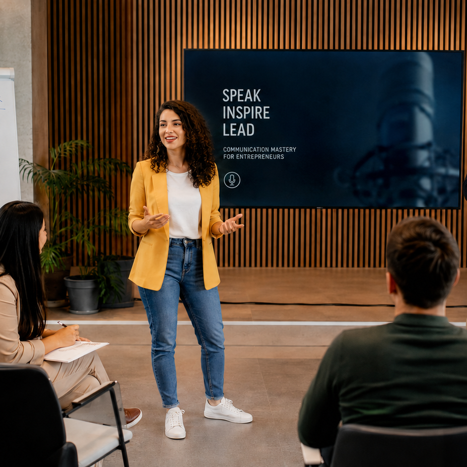Sesión de oratoria y comunicación de MAKEINN MEDIA: emprendedora exponiendo ante un grupo